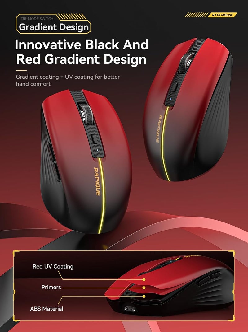RAPIQUE Bluetooth Wireless Mouse - (BT1/BT2+USB) Tri-Mode High Performance, Rechargeable, Multi-Device Compatible with PC/Laptop/Computer/MacBook/iPad Air Pro (Red Gradient) - Image 2